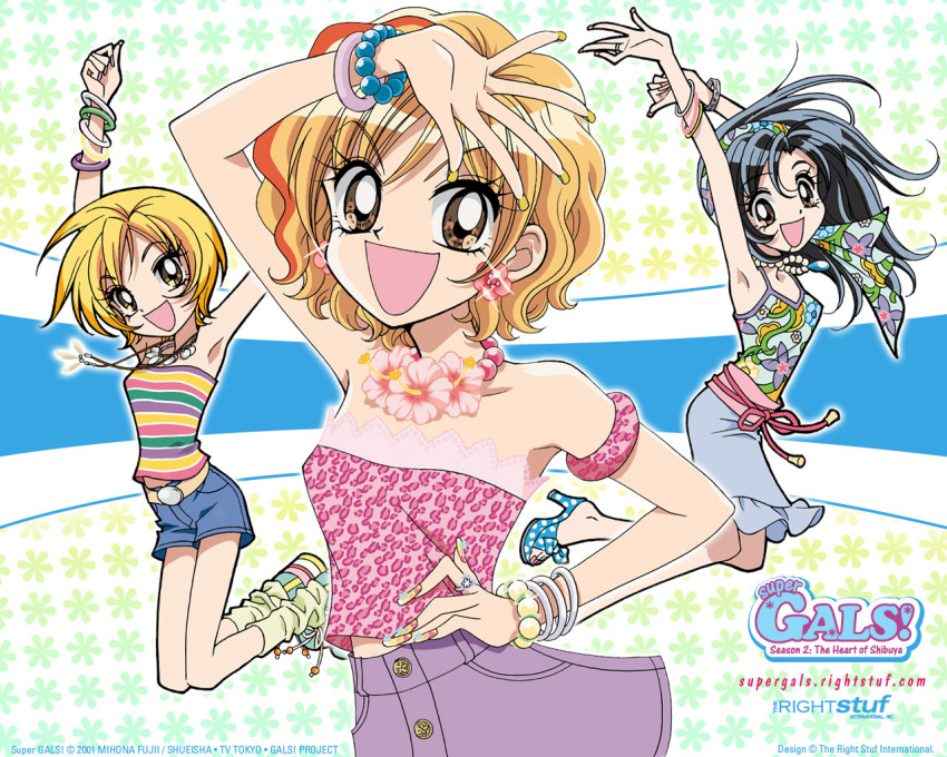 3girls, archived_source, black_hair, blonde_hair, bracelet, brown_eyes, copyright_name, copyright_notice