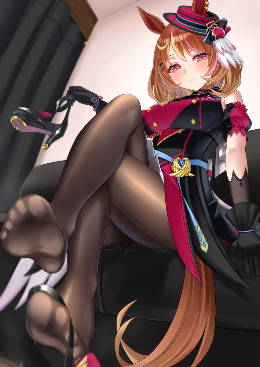 1girl, absurdres, animal_ears, blunt_bangs, blush, breasts, brown_hair, closed_mouth