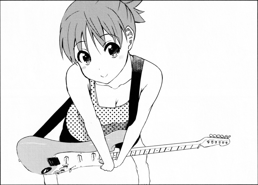 1girl, breasts, chapter_cover, cleavage, greyscale, guitar, guitar_strap, highres