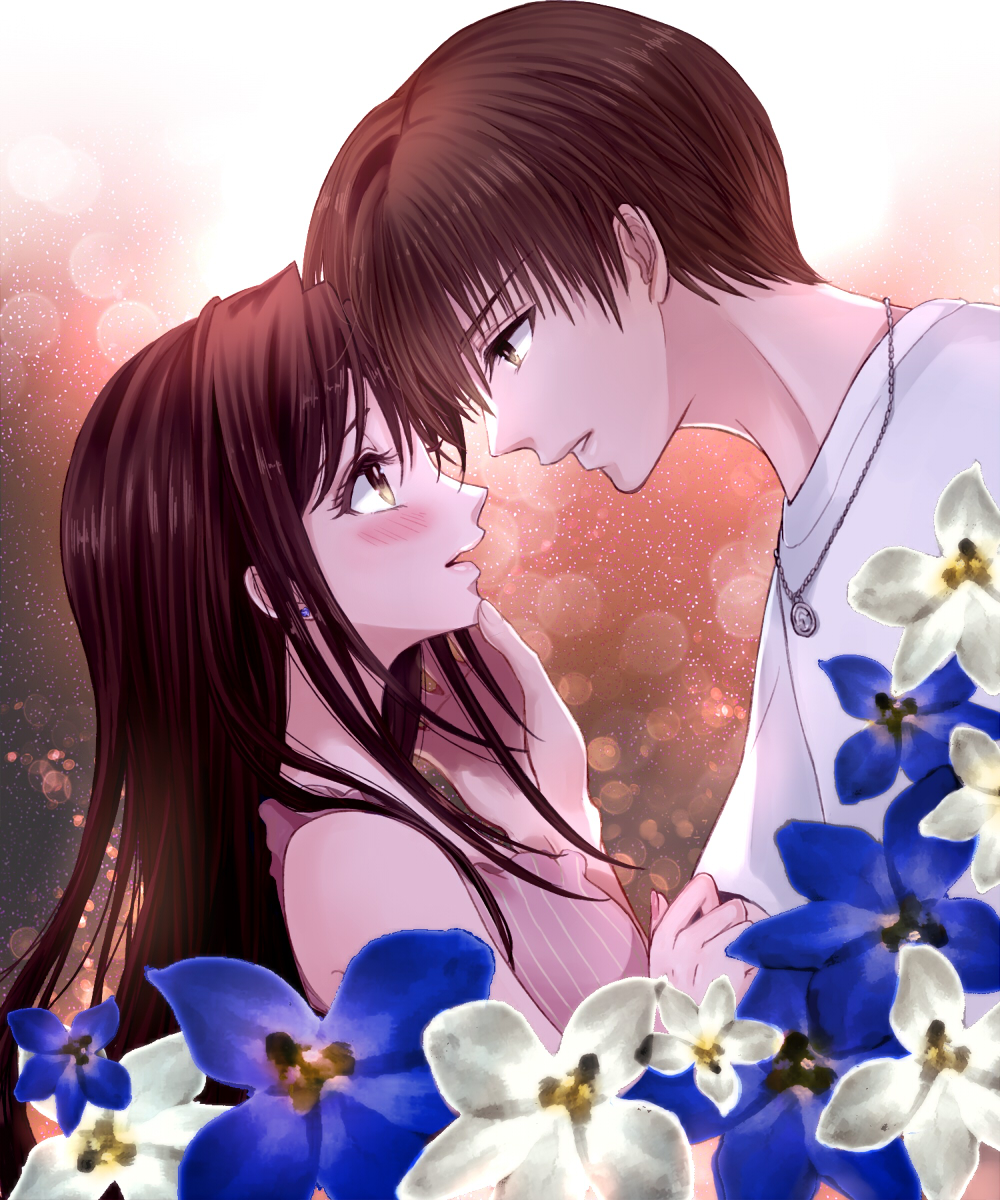 1boy, 1girl, blue_flower, blush, brown_hair, earrings, eye_contact, flower