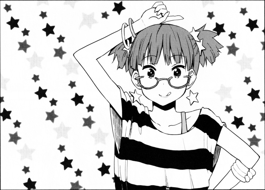 arm_cuffs, bracelet, chapter_cover, diagonal-striped_shirt, earrings, greyscale, hand_on_own_head, hand_on_own_hip