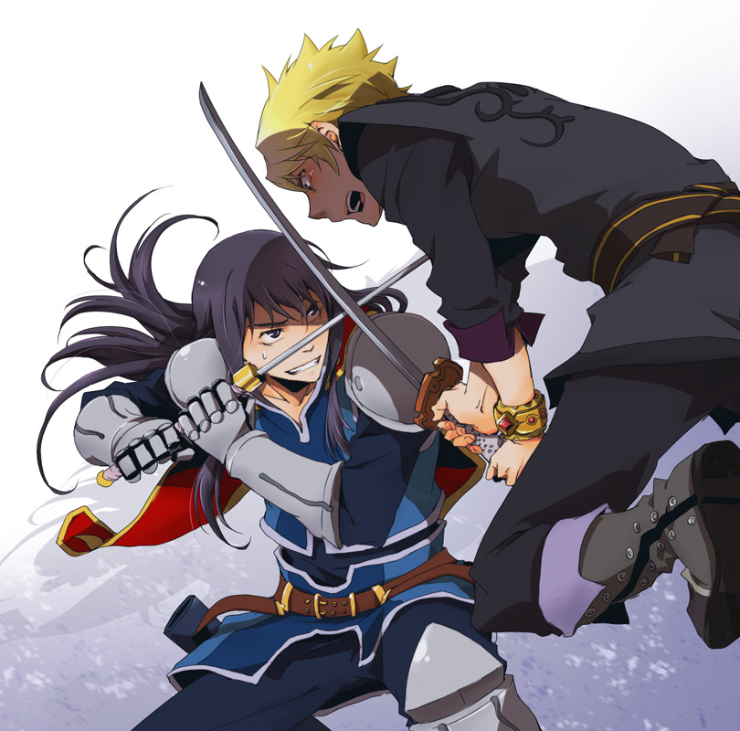 2boys, 35kokkou, armor, bad_id, bad_pixiv_id, battle, belt, black_eyes