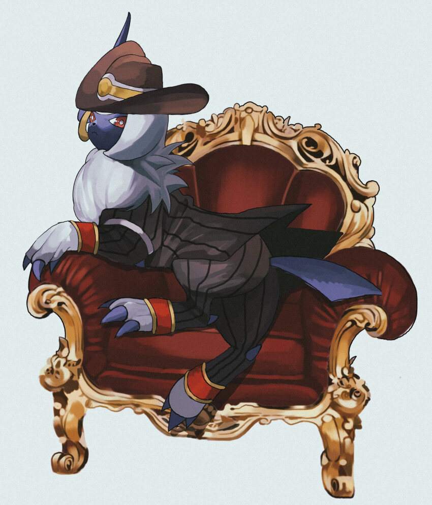 absol, absol_(dark_suit), absurdres, animal_focus, black_jacket, black_pants, black_suit, chair