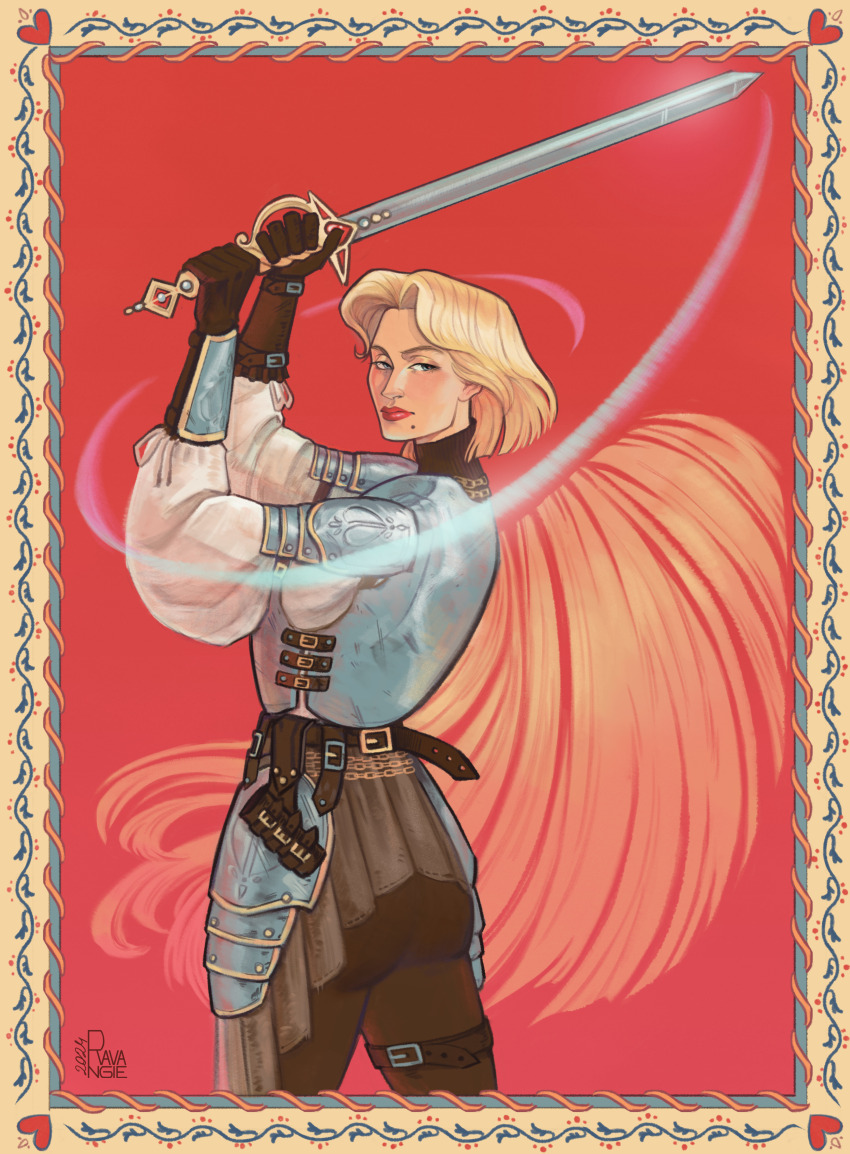 1girl, absurdres, blonde_hair, blue_eyes, closed_mouth, cutting_hair, dreamworks, genderswap, genderswap_(mtf), highres, holding, holding_sword, holding_weapon, mole, mole_under_mouth, prince_charming_(shrek), ravangie, shrek_(series), solo, standing, sword, weapon