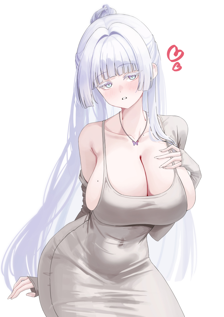 1girl, absurdres, black_gloves, blue_eyes, blush, breasts, commentary, dongtan_dress, dress, fingerless_gloves, gloves, goddess_of_victory:_nikke, grey_dress, highres, huge_breasts, jewelry, large_breasts, long_hair, looking_at_viewer, nayuta_(nikke), necklace, parted_lips, ponytail, simple_background, solo, sxrxri_a, very_long_hair, white_background, white_hair
