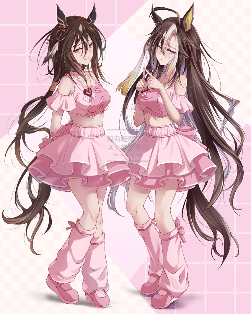 2girls, ahoge, animal_ears, black_hair, blue_eyes, blush, breasts, brown_eyes