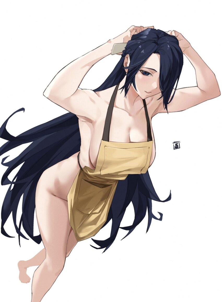 1girl, apron, azuma_fubuki, bare_shoulders, breasts, cleavage, collarbone, commentary