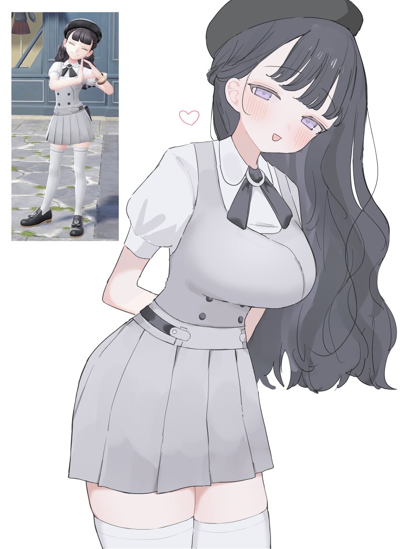 1girl, :d, absurdres, alternate_breast_size_(larger), arms_behind_back, beret, black-haired_trainer_(lululuro), black_hair