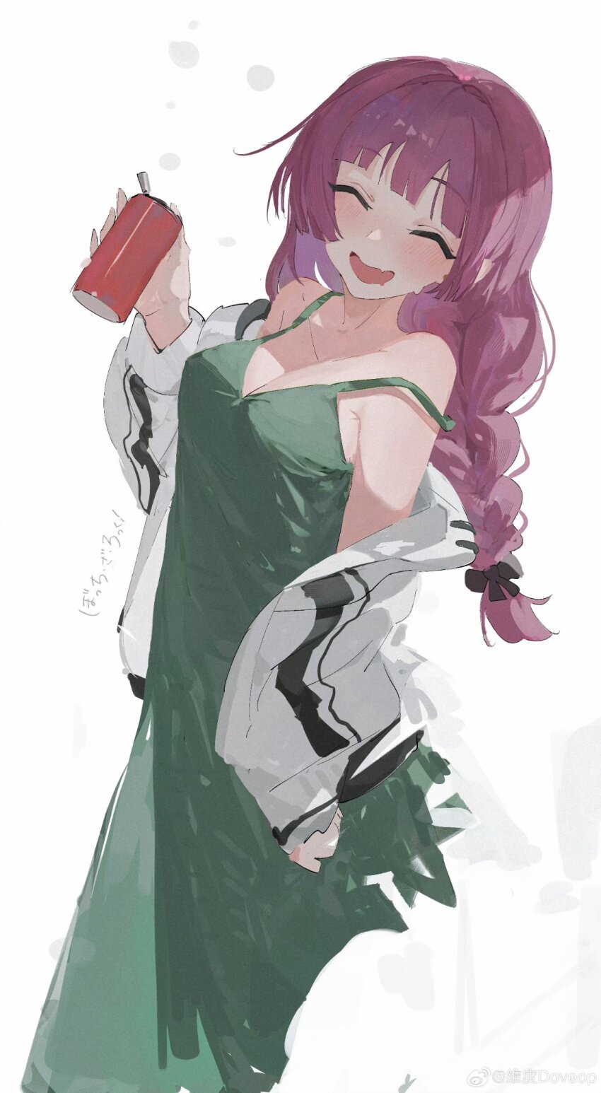 1girl, bare_shoulders, blush, bocchi_the_rock!, breasts, closed_eyes, commentary_request, doveop, dress, drunk, highres, hiroi_kikuri, open_mouth, simple_background, solo, white_background, white_dress