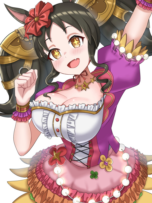 +_+, 1girl, :d, animal_ears, black_hair, breasts, brown_eyes, cleavage