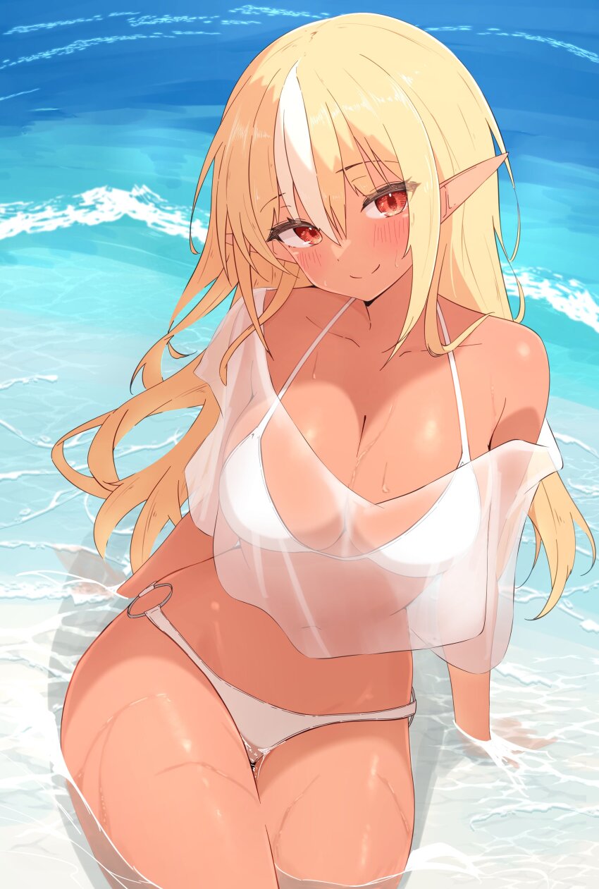 1girl, absurdres, bikini, blonde_hair, breasts, cleavage, collarbone, commentary_request
