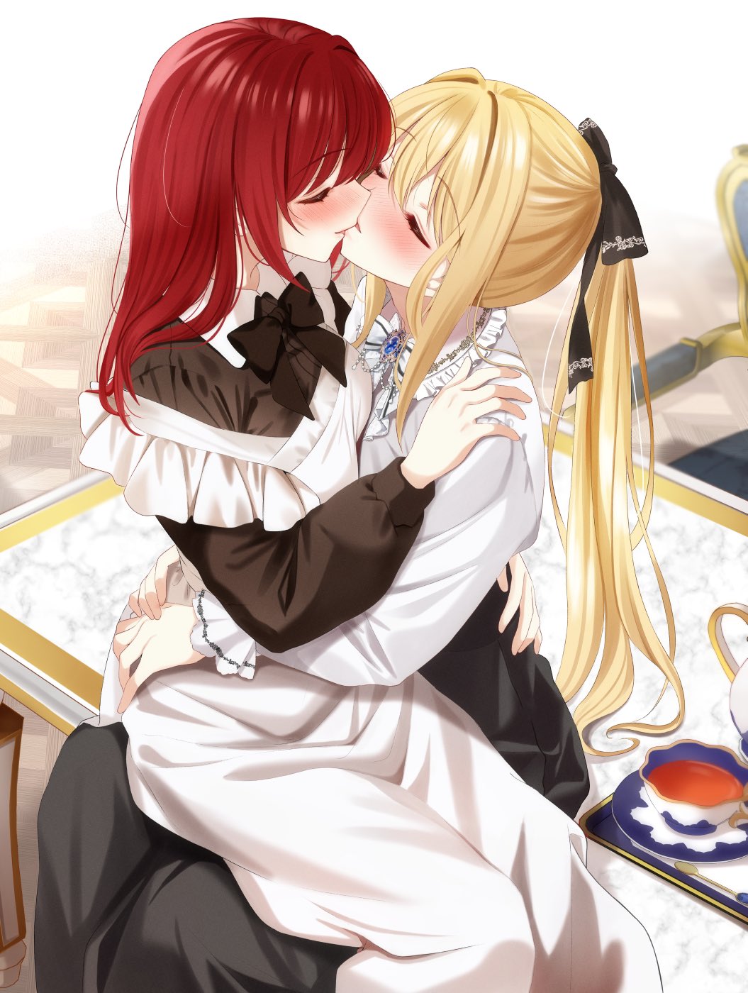2girls, apron, bagel_sandica, berry_(shoujo_no_nozomanu_eiyuutan), black_dress, black_skirt, blonde_hair, blush