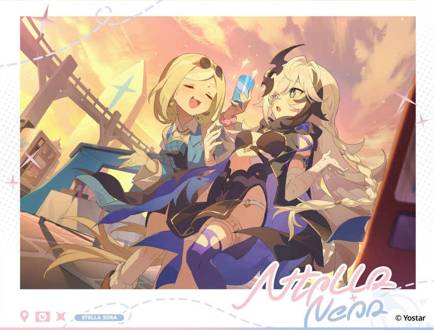 2girls, bandaged_arm, bandages, black_hair, bloc_(stella_sora), blonde_hair, blue_vest, border