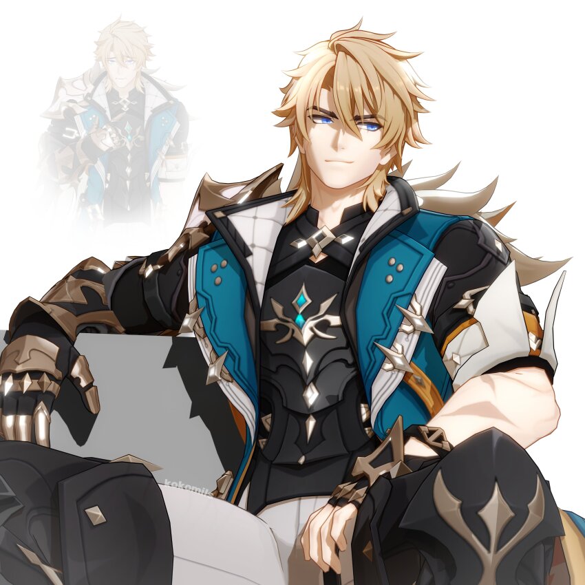 1boy, absurdres, armored_gloves, artist_name, black_gloves, blonde_hair, blue_eyes, closed_mouth