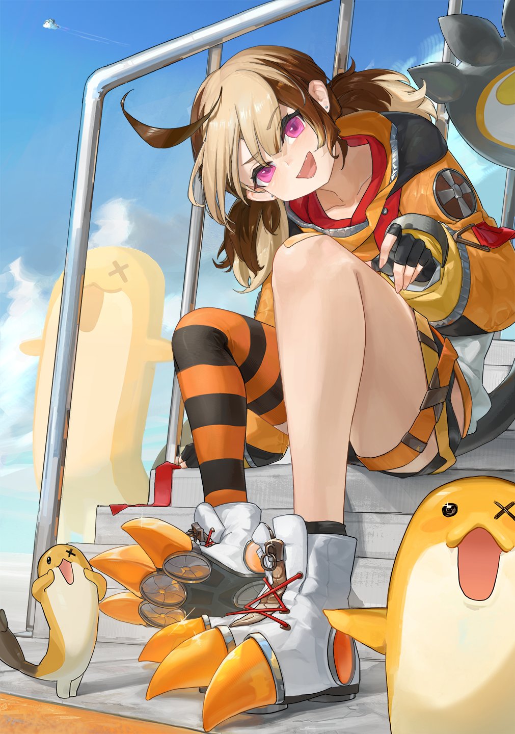 1girl, :d, ahoge, bandaid, bandaid_on_knee, bandaid_on_leg, black_gloves, blonde_hair