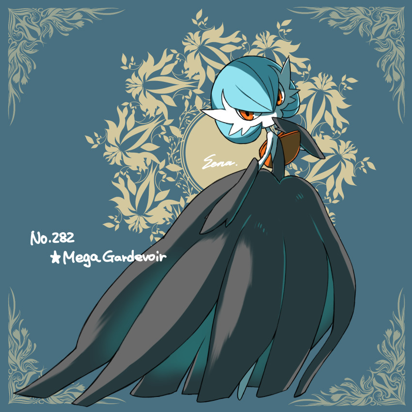 blue_hair, character_name, colored_skin, commentary_request, full_body, gardevoir, gen_3_pokemon, grey_background