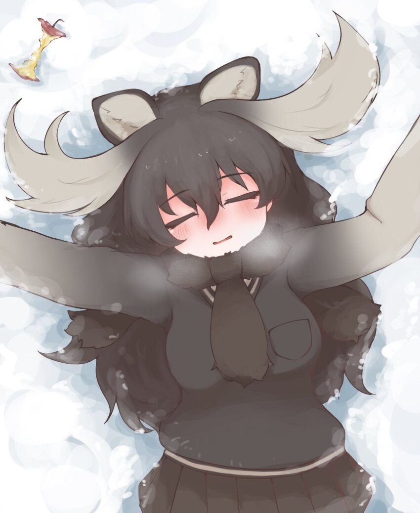 1girl, animal_ears, antlers, apple, apple_core, blush, brown_fur, brown_hair