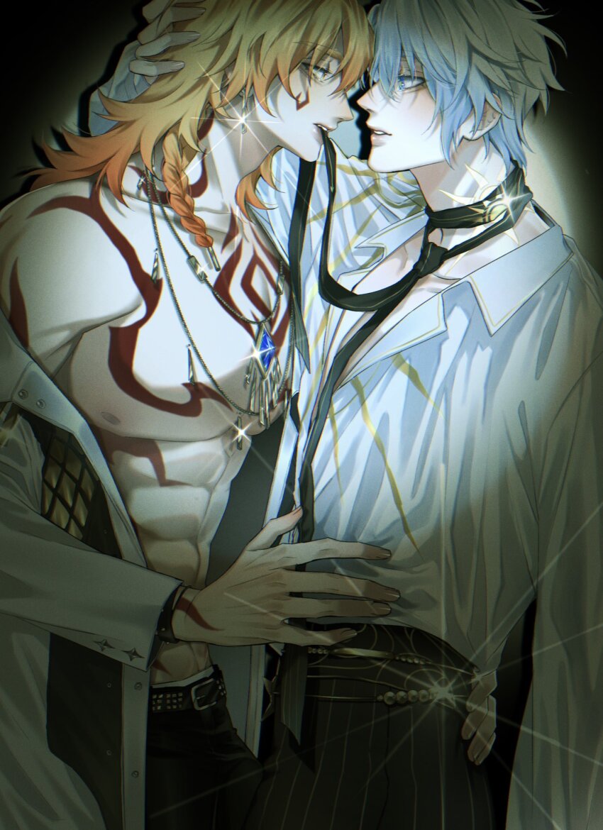 2boys, antenna_hair, arm_tattoo, belt, black_belt, black_necktie, black_pants, blonde_hair