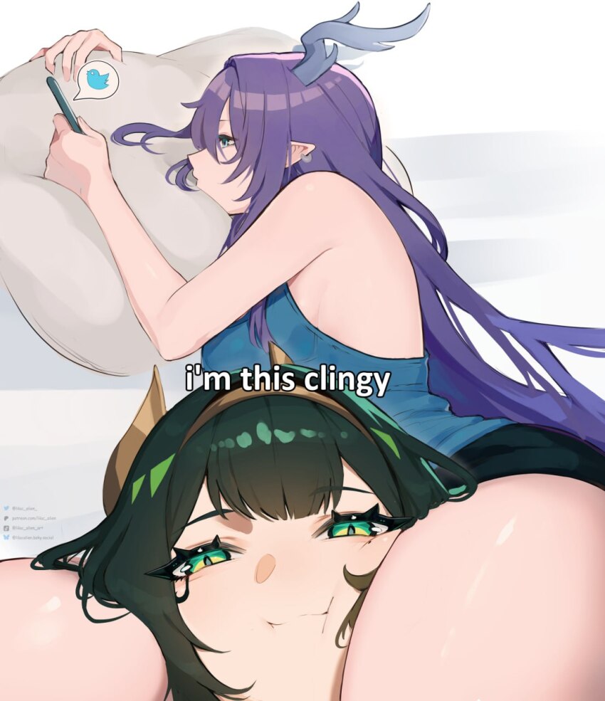 2girls, blue_tank_top, cheek_squash, closed_mouth, commentary, earrings, english_commentary, english_text