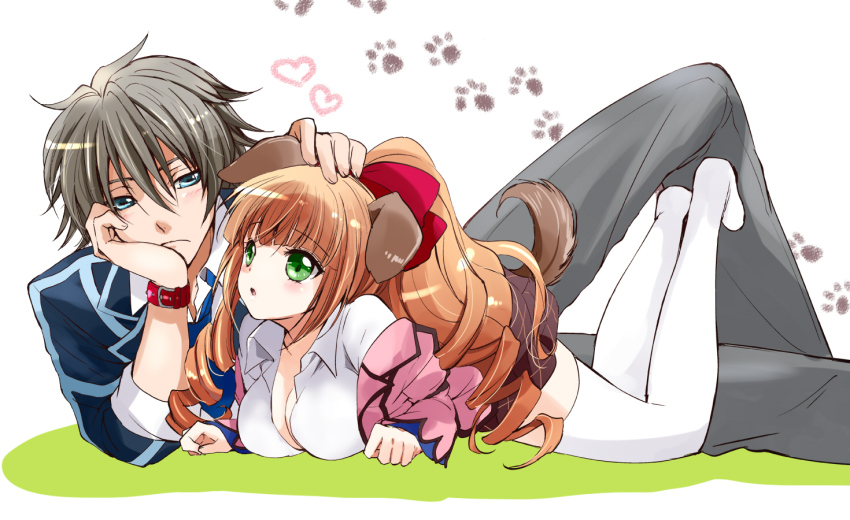 10s, 1boy, 1girl, aiba_ruri, akina_tsukako, animal_ears, blue_eyes, blush, breasts, brown_hair, cleavage, dog_ears, dog_tail, drill_hair, green_eyes, grey_hair, kemonomimi_mode, lying, necktie, on_stomach, sacred_seven, school_uniform, skirt, tail, tandouji_alma, thighhighs, watch, white_thighhighs, wristwatch, zettai_ryouiki