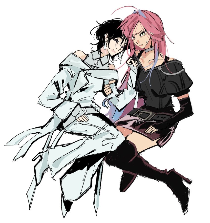 2girls, alien_stage, alternate_costume, arcorclynn, belt, black_belt, black_boots, black_gloves