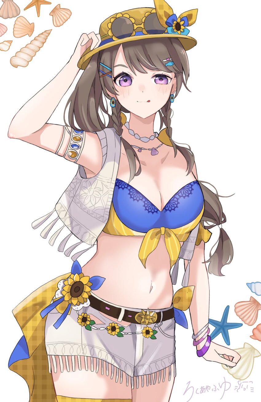 1girl, alternate_costume, arm_up, bare_shoulders, bikini, blue_bikini, bracelet, breasts, brown_hair, cleavage, collarbone, commentary, cowboy_shot, eyewear_on_headwear, flower-shaped_eyewear, fujishima_megumi, hat, highres, jewelry, large_breasts, link!_like!_love_live!, long_hair, looking_at_viewer, love_live!, low-tied_long_hair, open_clothes, open_vest, ponytail, roku_aya_fuyu, seashell, shell, shorts, solo, sunglasses, swimsuit, uneven_eyes, very!_very!_coconatsu, vest, virtual_youtuber, white_shorts, white_vest, yellow_hat
