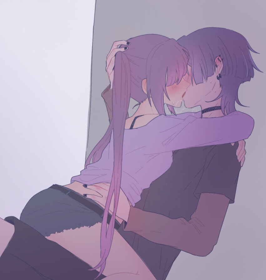1boy, 1girl, against_wall, arms_around_neck, belt, black_belt, black_choker, black_nails