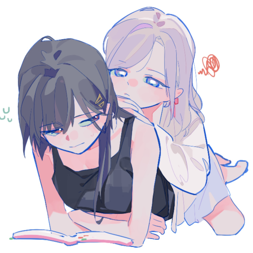 2girls, bare_shoulders, black_hair, black_tank_top, blue_eyes, book, ceras_yanagida_lilienfeld, ceras_yanagida_lilienfeld_(summer_loungewear)
