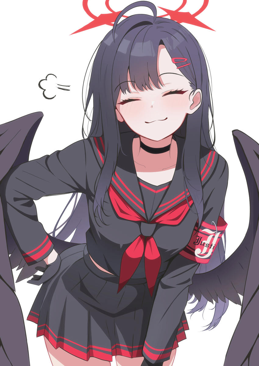 1girl, absurdres, ahoge, black_choker, black_gloves, black_hair, black_sailor_collar, black_shirt, black_skirt, black_wings, blue_archive, blush, choker, closed_eyes, closed_mouth, collarbone, commentary_request, contrapposto, facing_viewer, gloves, hair_ornament, hairclip, halo, hand_on_own_hip, highres, himmel_gewalt, ichika_(blue_archive), long_hair, long_sleeves, neckerchief, pleated_skirt, puff_of_air, red_neckerchief, sailor_collar, school_uniform, shirt, simple_background, skirt, smug, solo, standing, swept_bangs, white_background, wings