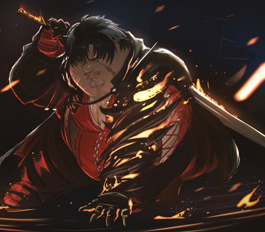 1boy, absurdres, beard_stubble, black_cape, black_gauntlets, black_hair, blue_eyes, cape