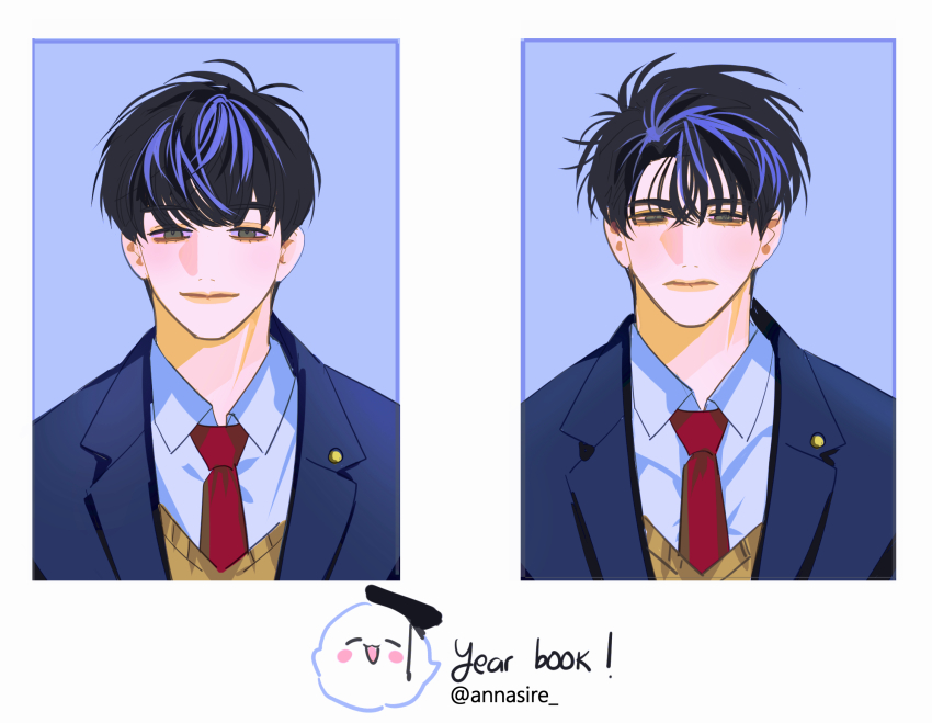 2boys, annasire, bags_under_eyes, black_eyes, black_hair, blue_coat, border, brown_vest