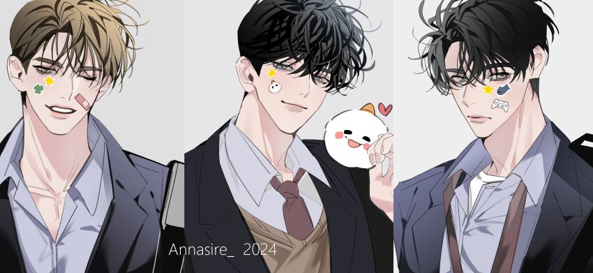 3boys, ;d, absurdres, animal, animal_on_shoulder, annasire, averting_eyes, bags_under_eyes, bandaid, bandaid_on_face, biyoo_(omniscient_reader's_viewpoint), black_coat, black_eyes, black_hair, blonde_hair, blue_shirt, brown_necktie, coat, collared_shirt, controller, curtained_hair, expressionless, fish, game_controller, grey_eyes, half-closed_eyes, highres, kim_dokja, lee_hakhyun, looking_at_viewer, male_focus, multiple_boys, multiple_expressions, necktie, ocean_sunfish, omniscient_reader's_viewpoint, one_eye_closed, open_mouth, partially_open_shirt, shirt, short_hair, smile, star_(symbol), star_sticker, sticker, sticker_on_face, undershirt, upper_body, vest, white_shirt, yellow_eyes, yellow_vest, yoo_joonghyuk