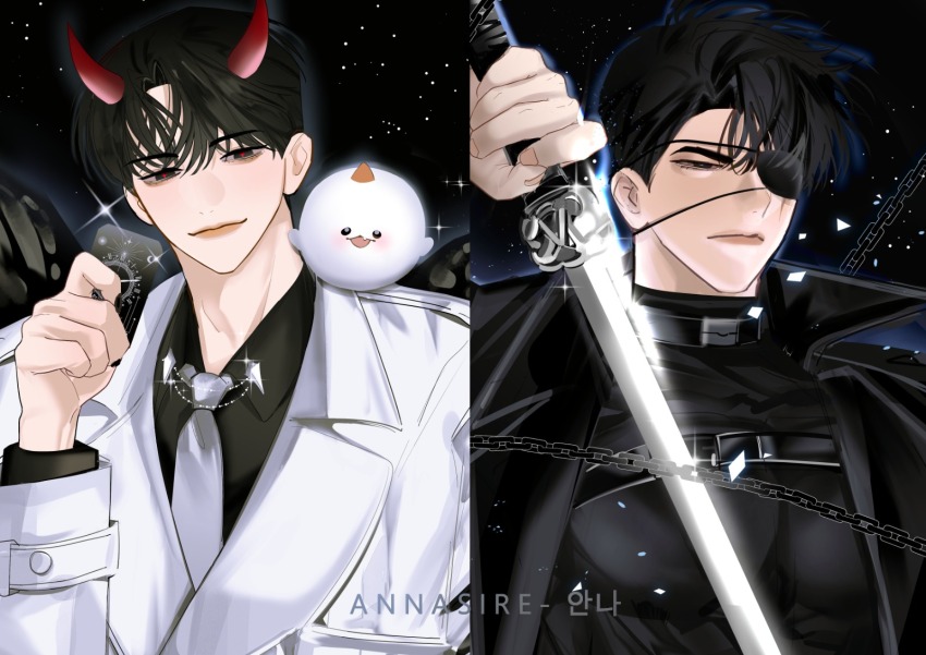 2boys, animal, animal_on_shoulder, annasire, belt, biyoo_(omniscient_reader's_viewpoint), black_coat, black_eyes, black_hair, black_shirt, black_wings, card, chain, coat, collared_shirt, crew_neck, curtained_hair, demon_horns, eyepatch, feathered_wings, grey_necktie, half-closed_eye, highres, holding, holding_card, holding_sword, holding_weapon, horns, kim_dokja, looking_at_viewer, male_focus, multiple_boys, necktie, night, official_alternate_costume, omniscient_reader's_viewpoint, open_clothes, open_coat, pectorals, red_pupils, serious, shirt, short_hair, sky, smirk, star_(sky), starry_sky, sword, upper_body, weapon, white_coat, wings, yoo_joonghyuk, yoo_joonghyuk_(999th_turn)