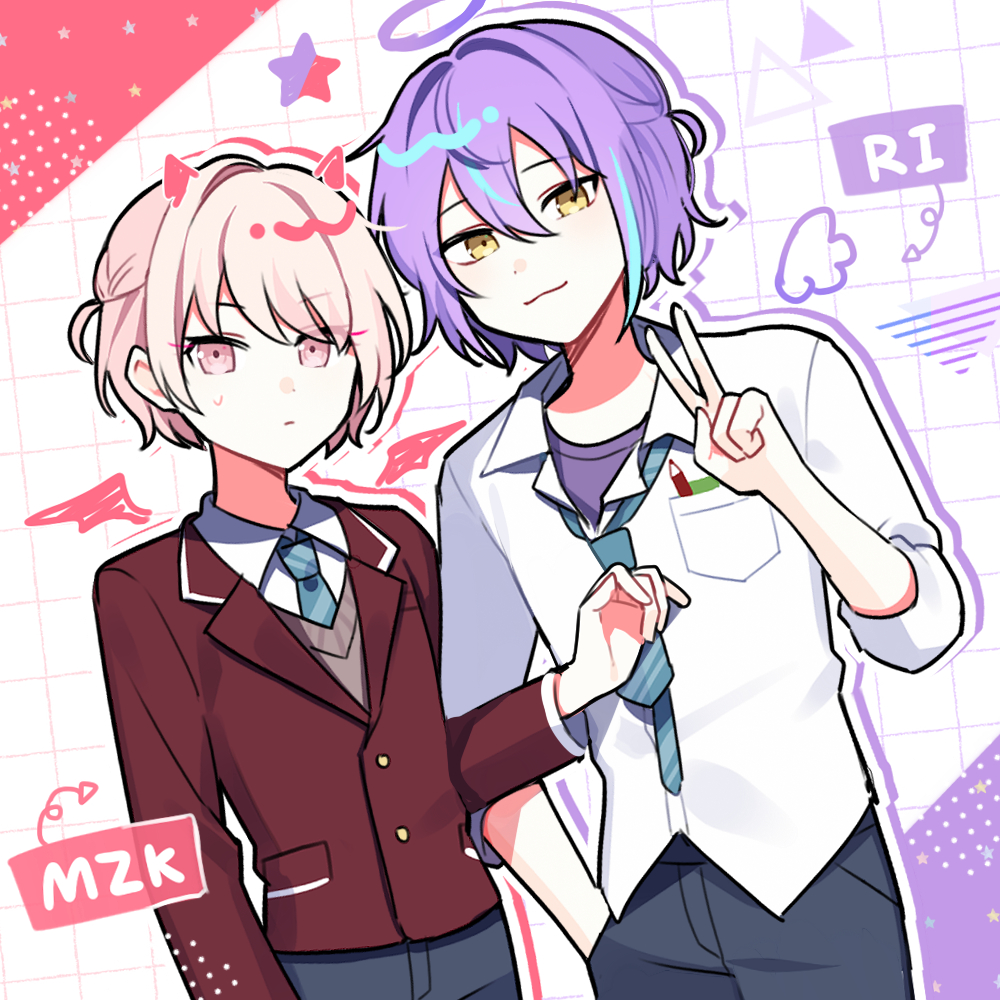 2boys, aged_down, akiyama_mizuki, akiyama_mizuki_(middle_school), angel_wings, blue_hair, borrowed_hairstyle, collared_shirt