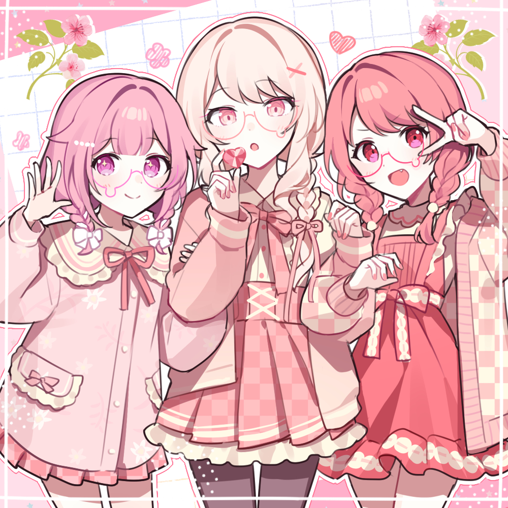 1other, 2girls, akiyama_mizuki, alternate_hairstyle, analogous_colors, bespectacled, bow, braid