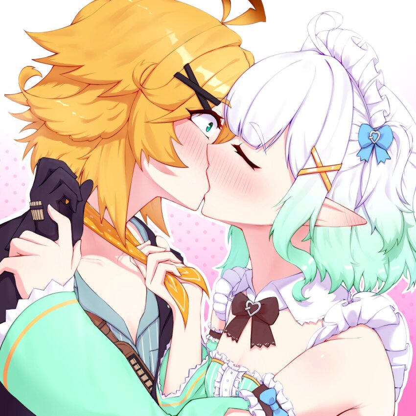 2girls, ahoge, aqua_dress, aqua_eyes, aqua_sleeves, black_bow, black_bowtie, black_gloves, black_jacket, blonde_hair, blue_shirt, blush, bow, bowtie, center_frills, cgator, closed_eyes, clothes_grab, collared_shirt, commentary, constricted_pupils, detached_collar, detached_sleeves, dokibird, dokibird_(bounty_hunter), dress, ear_blush, frills, gloves, gradient_hair, green_hair, hair_ornament, highres, indie_virtual_youtuber, jacket, kiss, looking_at_another, maid_headdress, mint_fantome, mint_fantome_(minto_2.0), multicolored_hair, multiple_girls, neckerchief, neckerchief_grab, pointy_ears, shirt, short_hair, sleeveless, sleeveless_dress, surprised, virtual_youtuber, white_hair, wide-eyed, x_hair_ornament, yellow_neckerchief, yuri