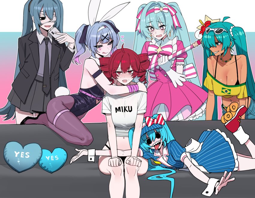 6+girls, absurdres, animal_ears, annoyed, aqua_hair, bare_shoulders, blunt_bangs, brazilian_flag, brazilian_miku, breasts, cellphone, character_name, collarbone, commentary, couch, crop_top, dress, english_commentary, english_text, facial_mark, fake_animal_ears, fangs, gloves, hair_between_eyes, hatsune_miku, heart, highres, ima_sugu_rinne_(vocaloid), kasane_teto, large_breasts, leotard, long_hair, lying, magical_girl, medium_breasts, midriff, monitoring_(vocaloid), multiple_girls, on_stomach, patterned_eyes, phone, pillow, playboy_bunny, pleated_dress, pleated_skirt, rabbit_hole_(vocaloid), ratatatat74, red_eyes, red_hair, ringlets, roller_skates, school_uniform, sidelocks, sitting, skates, skirt, sunglasses, tan, teardrop_facial_mark, thigh_strap, thighs, tongue, tongue_out, twintails, utau, vocaloid, white_gloves, wrist_cuffs, yes-no_pillow, yuri