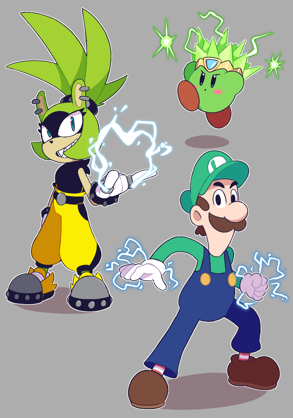 blue_eyes, blue_overalls, blush_stickers, color_connection, copy_ability, ear_piercing, electricity, facial_hair