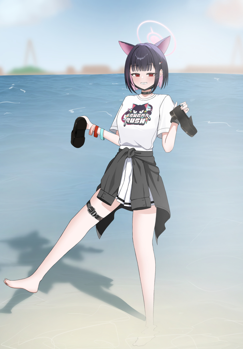 1girl, animal_ears, barefoot, black_choker, black_hair, black_jacket, blue_archive, blurry