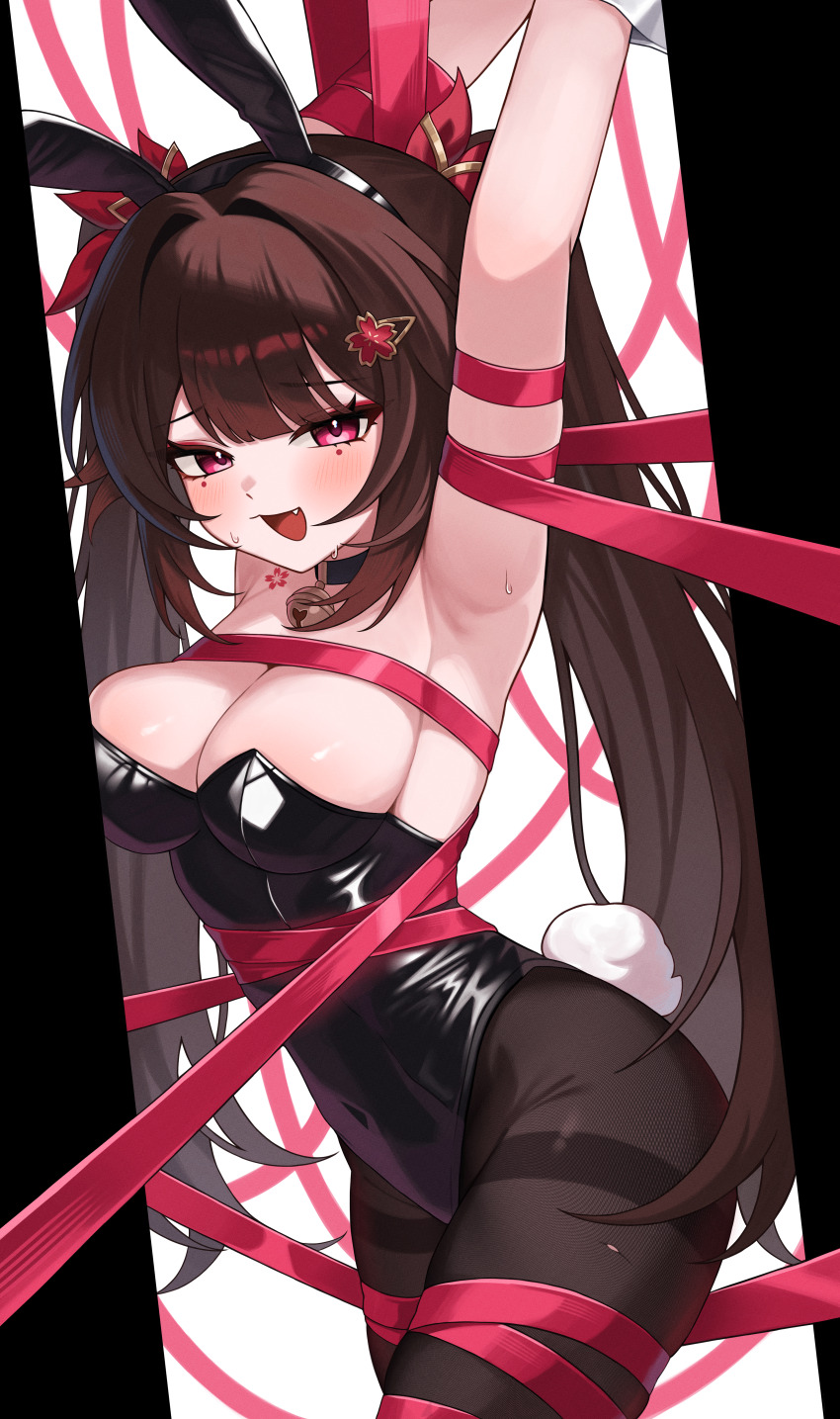 1girl, absurdres, alternate_breast_size_(larger), animal_ears, armpits, bdsm, bell, black_leotard, black_pantyhose, bondage, bound, breasts, brown_hair, commentary_request, fake_animal_ears, fake_tail, flower_tattoo, highres, honkai:_star_rail, honkai_(series), korean_commentary, large_breasts, leotard, long_hair, looking_at_viewer, neck_bell, nhom_(woogi), open_mouth, pantyhose, purple_eyes, rabbit_ears, rabbit_tail, red_ribbon, ribbon, solo, sparkle_(honkai:_star_rail), tail, tattoo, twintails, very_long_hair