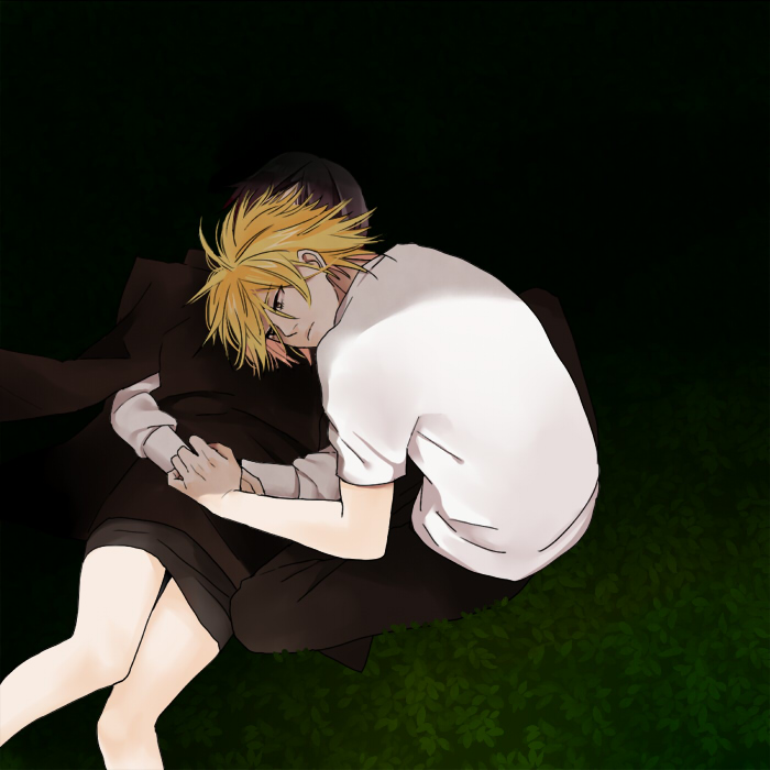 black_hair, blonde_hair, eden_no_ori, kouichi_yarai, motoko_kurusu, sleeping