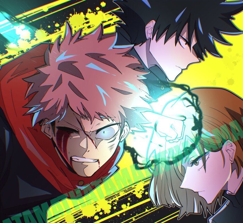 1girl, 2boys, aqua_eyes, artist_name, black_eyes, black_flash_(jujutsu_kaisen), black_hair, blood