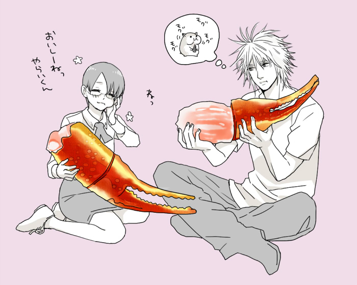 1boy, 1girl, claws, collared_shirt, crab, eating, eden_no_ori, food