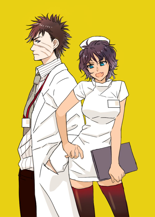 black_hair, blue_eyes, brown_hair, dark_skin, doctor, eden_no_ori, jacket, lab_coat, medical, nurse, ooguro_rei, rinzai_tooru, scar, simple_background, standing, white_jacket