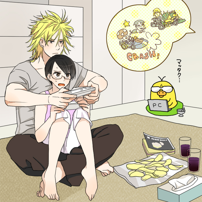 black_hair, blonde_hair, eden_no_ori, glasses, kouichi_yarai, motoko_kurusu, short_hair, sitting