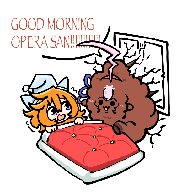 2girls, ahoge, animal_ears, black_eyes, blue_hat, chibi, ear_covers, english_text