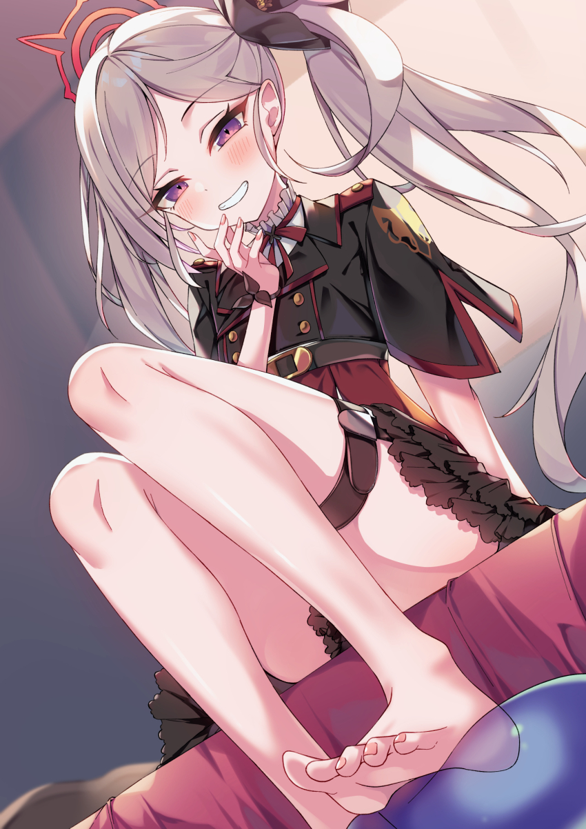 1girl, :d, aonu_koru, arm_at_side, backlighting, barefoot, belt, black_belt