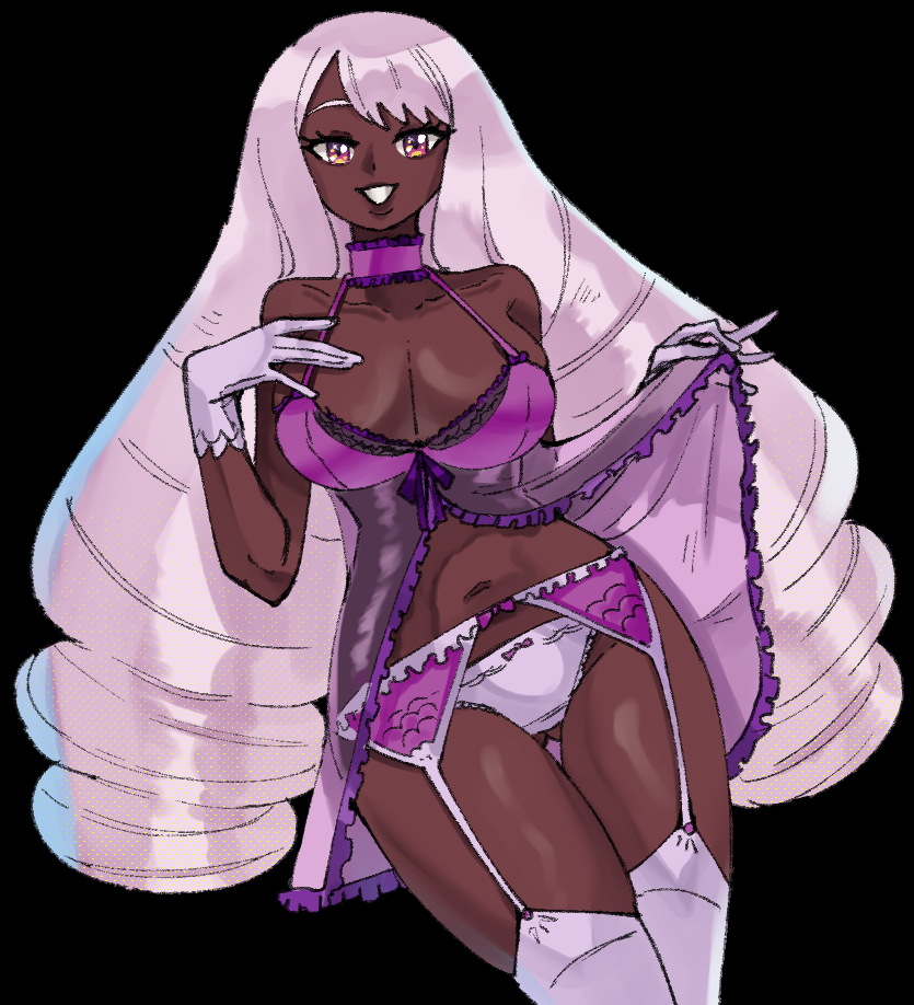 1girl, babydoll, babydoll_lift, bra, breasts, dark-skinned_female, dark_skin, drill_hair