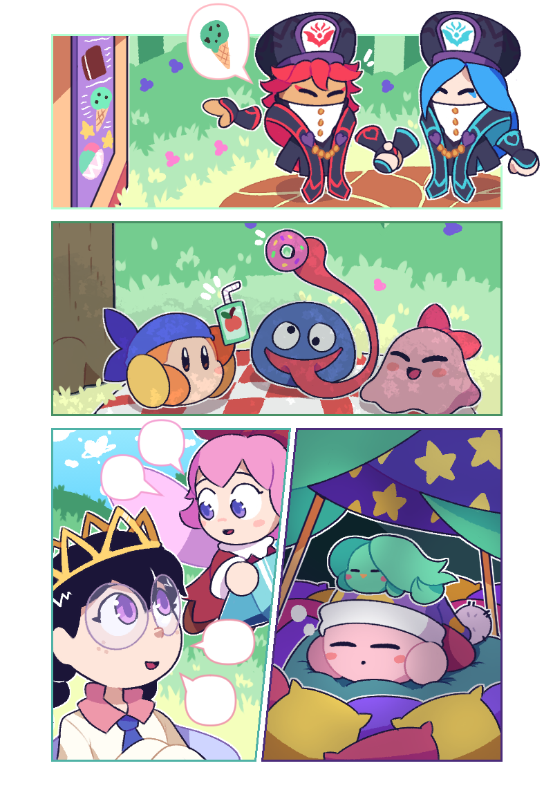 4girls, bandana, bandana_waddle_dee, black_hair, blue_bandana, blue_hair, blush_stickers, chuchu_(kirby)