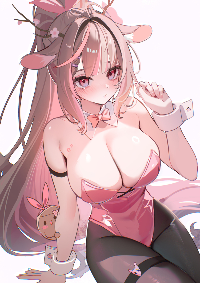 1girl, black_pantyhose, breasts, cleavage, deer_girl, exitus, highres, kannazuki_lubee